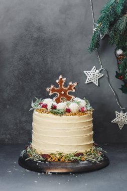 Noel kırmızı kadife pastası, üzerinde şekerli kızılcık ve biberiye filizleri ve hindistan cevizi topları ile güzelce süslenmiş. Seçici odak, boşluğu kopyala