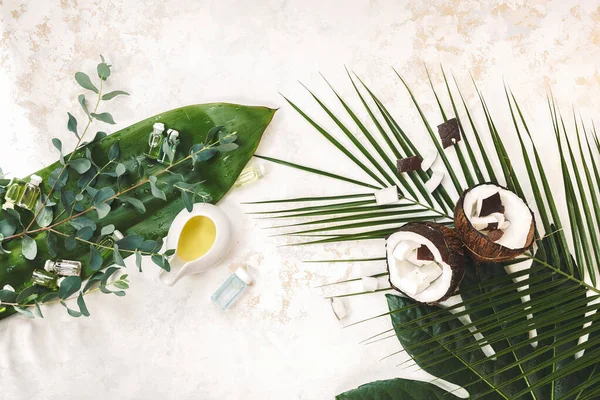 Органічні Шкіряні Косметичні Засоби Інгредієнти Різною Масажною Олією Кокосовим Горіхом — стокове фото