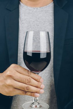 adam gri gömlek ve siyah takım elbise bir kadeh kırmızı şarap holding