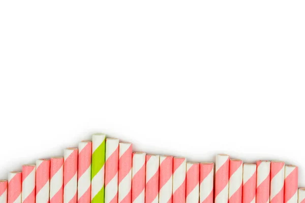 Top View Green Striped Straw Pink Striped Straws White Background — Stock Photo, Image