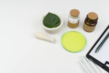 bitkisel ilaç araştırma kavramı. bir organik yeşil yaprak bir pano ile beyaz masanın üzerine kalem harç, havaneli, şişe, izle cam ve üç test tüpleri,