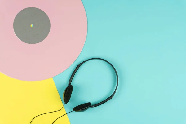 Top View Pink Long Play Vinyl Record Black Headphone Yellow — Stock Photo, Image
