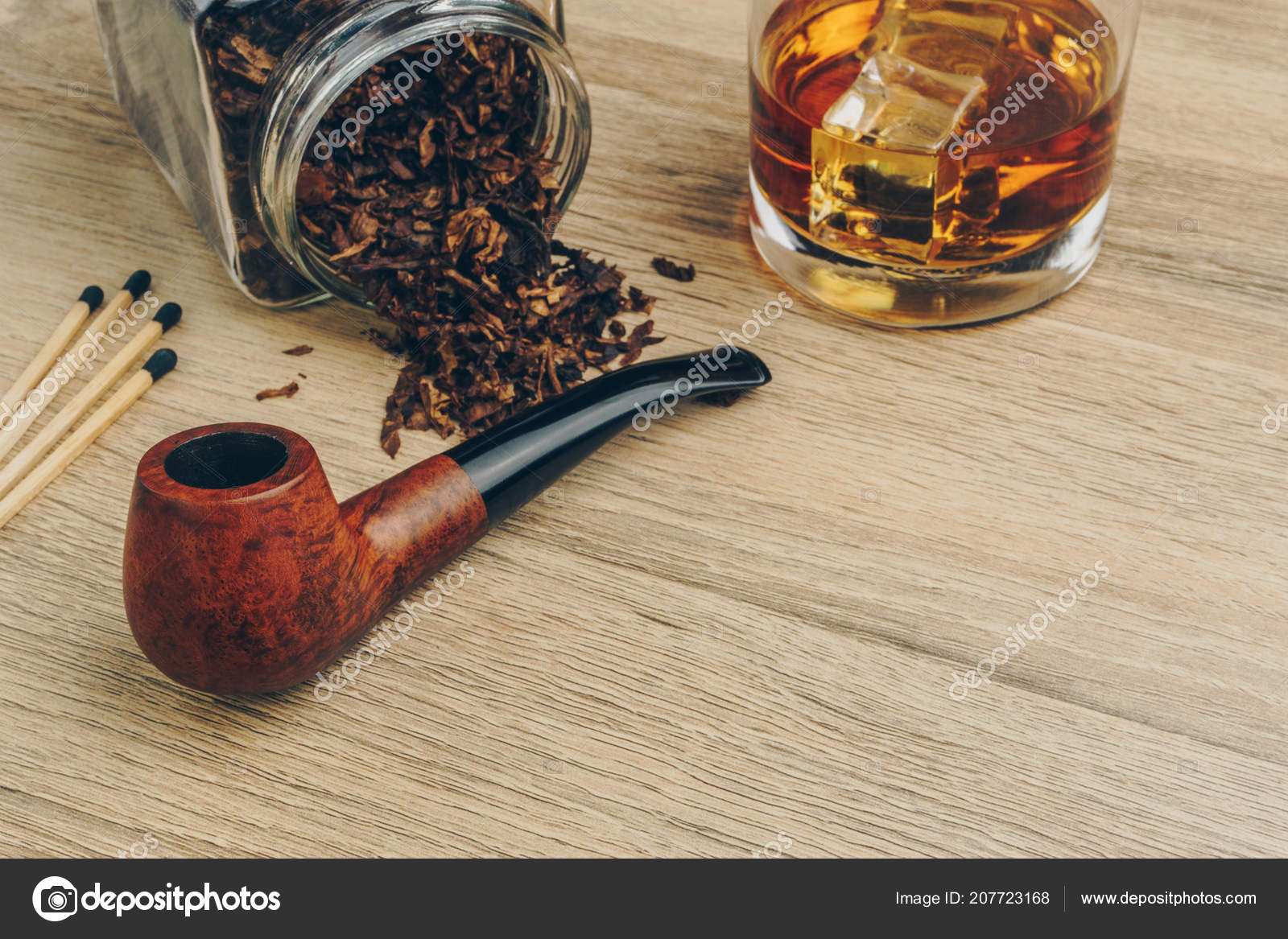 Smoking Pipe Tobacco Jar Matches Glass Whisky Wooden Table — Stock