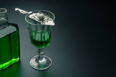 bir bardak pelin ve paslanmaz çelik oluklu kaşık küp şeker, pelin şişe masanın üzerinde seçici odak ile
