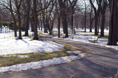 Kar sonra ilk sonbahar kar eriyor. Kimse taze bir güneşli sabah sırasında genel bu parkta değil.