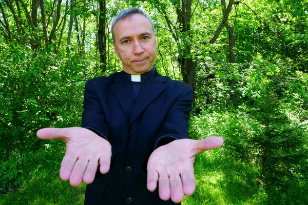 Good Looking Catholic Priest Welcoming Joy Looks Confidence Openning His — Stock Photo, Image