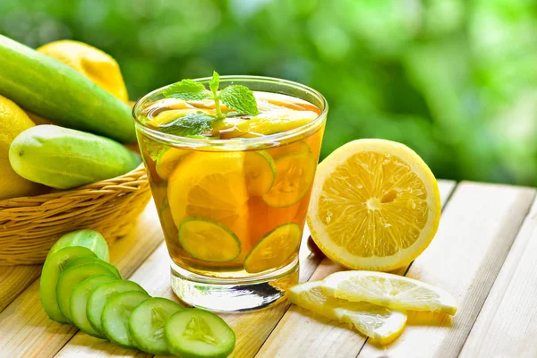 Detox Water Drink Honey Lemon Cucumber Glass — Stock Photo, Image