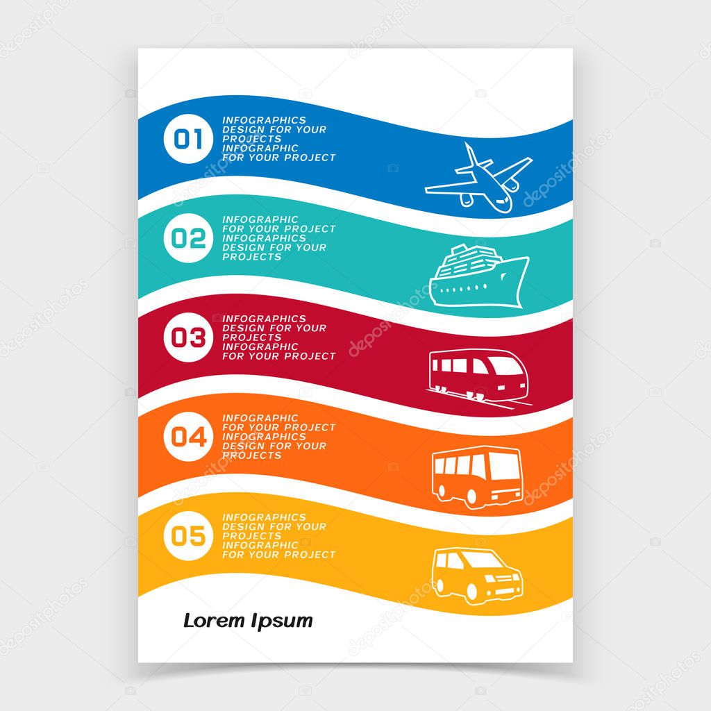Brochure or web banner design with travel transportation icons. Vector illustration