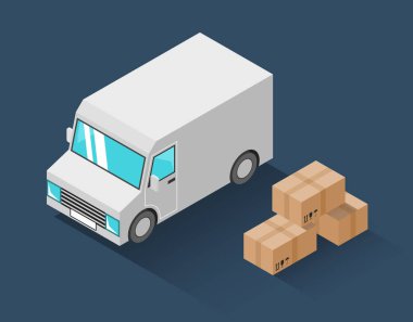 Teslimat van ve karton ambalaj izometrik simgesi. Vektör çizim