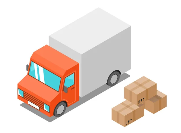 Camión de reparto y embalaje de cartón icono isométrico — Vector de stock