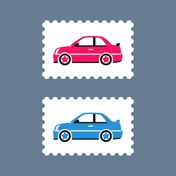 Sellos postales vectoriales con icono de coche — Vector de stock