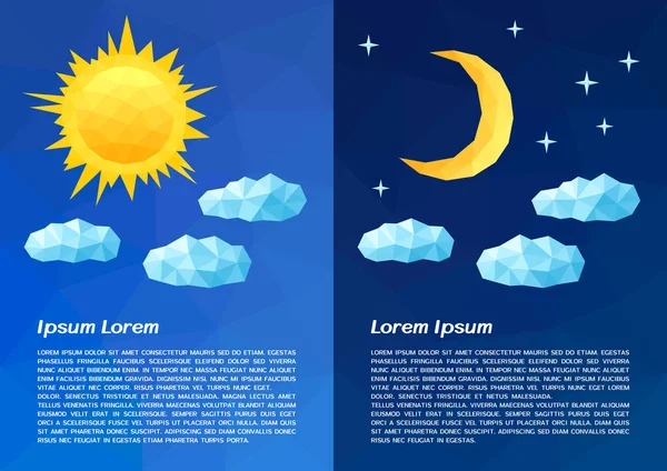Diseño de folletos con iconos de Sol y Luna de poli bajo sobre fondo azul — Vector de stock