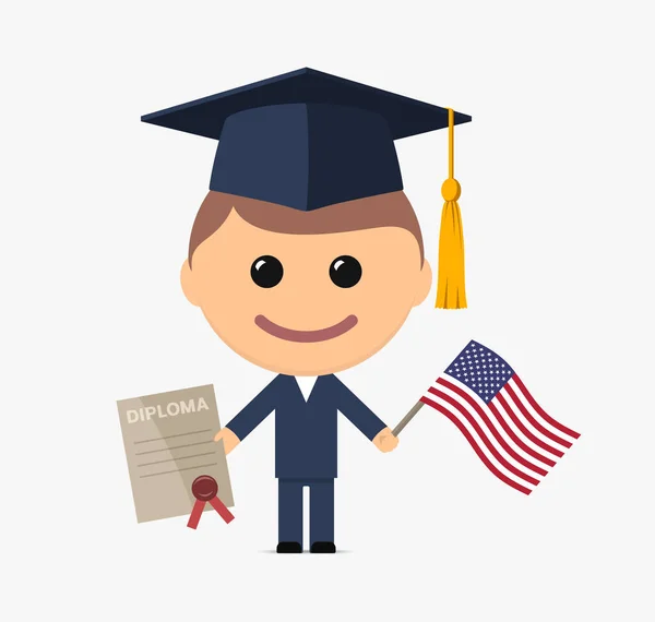 戴着毕业帽的卡通毕业生拥有美国的文凭和国旗 矢量说明 — 图库矢量图片