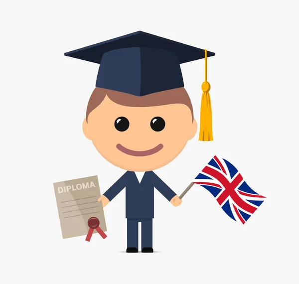 戴着毕业帽的卡通毕业生拥有英国的文凭和国旗 矢量说明 — 图库矢量图片