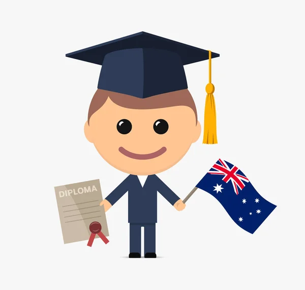 带着毕业帽的卡通毕业生拥有澳大利亚的文凭和国旗 矢量说明 — 图库矢量图片