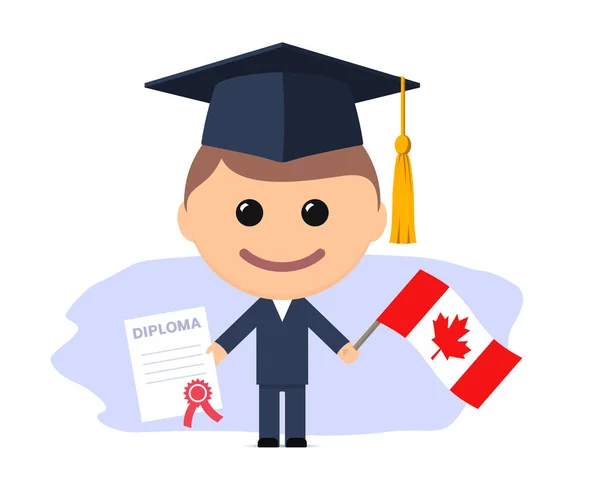 Rajzfilm Diplomás Diplomás Sapkával Rendelkezik Diploma Zászló Kanada Vektorillusztráció — Stock Vector