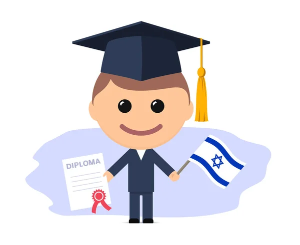 头戴毕业帽的卡通毕业生持有以色列文凭和国旗 矢量说明 — 图库矢量图片