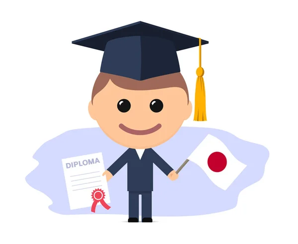 Graduado Dibujos Animados Con Gorra Graduación Tiene Diploma Bandera Japón — Vector de stock