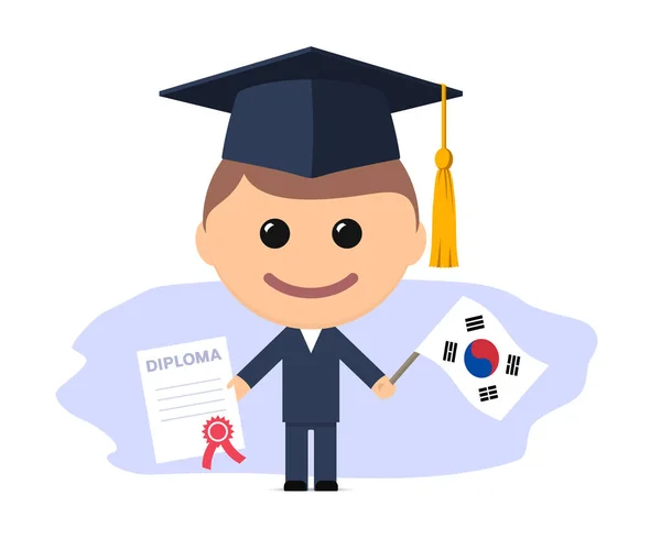 拿着毕业帽的卡通毕业生拥有韩国的文凭和国旗 矢量说明 — 图库矢量图片