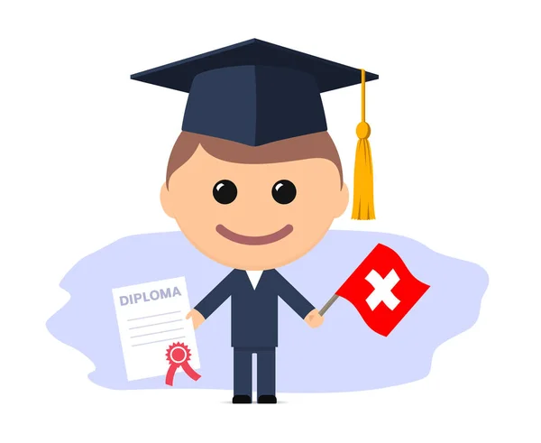 戴着毕业帽的卡通毕业生拥有瑞士的文凭和国旗 矢量说明 — 图库矢量图片
