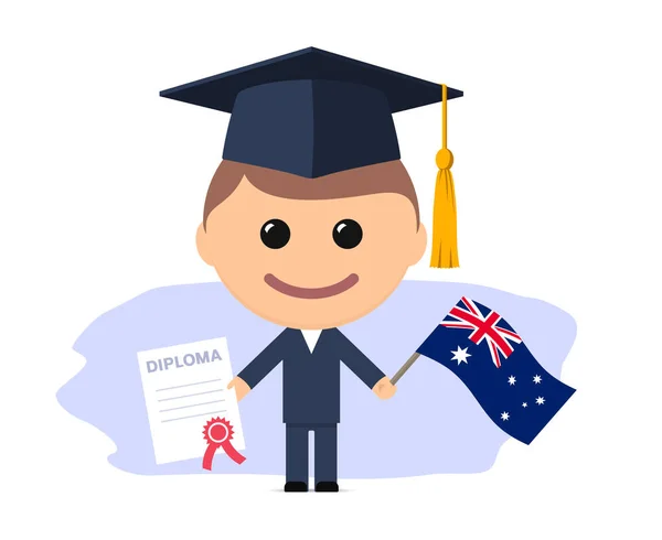Dibujos Animados Graduado Con Casquillo Graduación Con Diploma Bandera Australia — Vector de stock