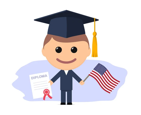 Graduação Dos Desenhos Animados Com Formatura Cap Segurando Diploma Bandeira —  Vetores de Stock