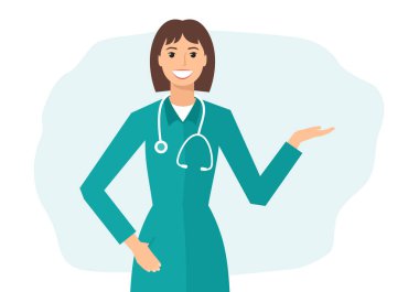 Elinde fonendoskopla gülümseyen kadın doktor. Vektör illüstrasyonu