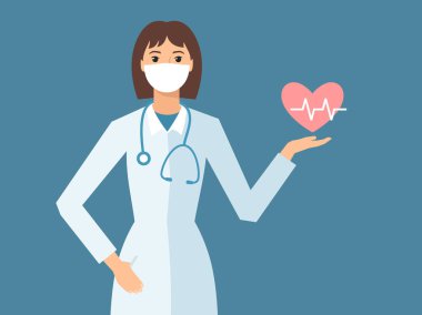Kalp sembolü taşıyan tıbbi maskeli bir kadın doktor. Vektör illüstrasyonu