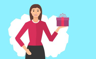 Elinde hediye kutusuyla gülümseyen genç bir kadın. Vektör illüstrasyonu