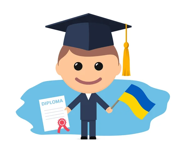 Karikatura Absolvent Graduační Čepice Držící Diplom Vlajka Ukrajiny Vektorová Ilustrace — Stockový vektor