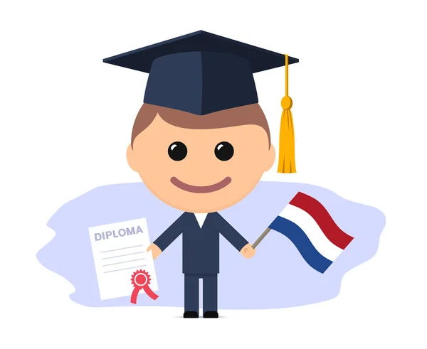卡通片毕业生 戴着毕业帽 持有荷兰文凭和国旗 矢量说明 — 图库矢量图片