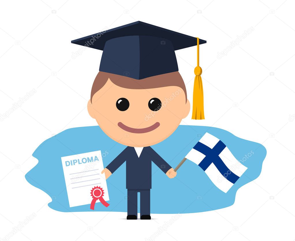 Cartoon graduate with graduation cap holding diploma and flag of Finland. Vector illustration