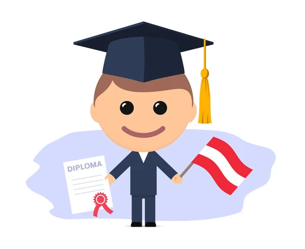 Graduação Dos Desenhos Animados Com Formatura Cap Segurando Diploma Bandeira —  Vetores de Stock