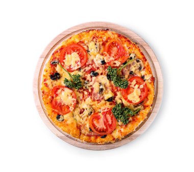 Lezzetli ev yapımı İtalyan pizza huysuz taze kıvırcık maydanoz havai görünümü üzerinde beyaz izole ile süslenmiş beyaz bir kalın üzerinde -
