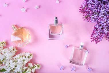 parfümeri ve çiçek kokusu kavramı. Pembe arka planda llilac çiçekleri ile merkezinde parfüm üç şişe. yaratıcı trendy düz metin için yer ile yatıyordu. leylak akışı ile pembe bir arka plan üzerinde parfüm