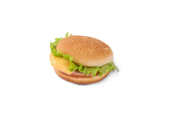 Isolation of burger with cheese and sausages. Close up — Stock Photo, Image