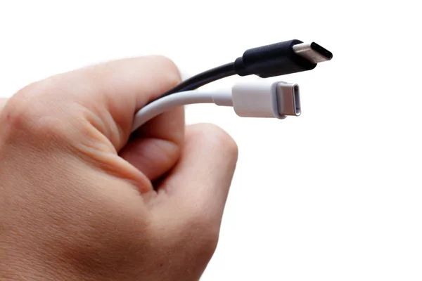 Hand Met Zwarte Witte Usb Type Connector Geïsoleerd Een Witte Rechtenvrije Stockafbeeldingen