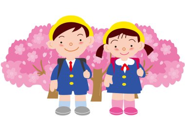 Bir oğlan ve üniformalı bir kız kiraz çiçeklerinin önünde çiçek açıyor.