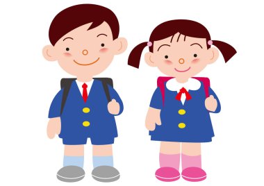 Kız ve erkek ilkokul üniforması giyiyor ve okul çantaları taşıyor.