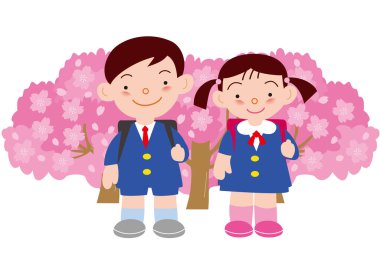 Bir oğlan ve üniformalı bir kız kiraz çiçeklerinin önünde çiçek açıyor.