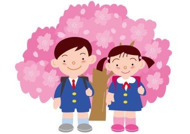 Bir oğlan ve üniformalı bir kız kiraz çiçeklerinin önünde çiçek açıyor.