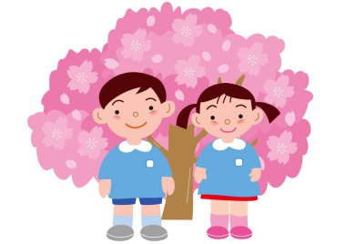 Anaokulu üniformalı bir kız ve bir oğlan. Çiçek açmış kiraz çiçeklerinin önünde.