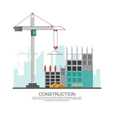 Bina sitesi iş süreci vinçler ve makineleri ile yapım aşamasında. Vektör çizim.