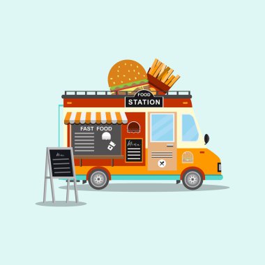 Lokanta kamyon. Fast food ve sokak festivali. Kamyon kavramı vektör çizim