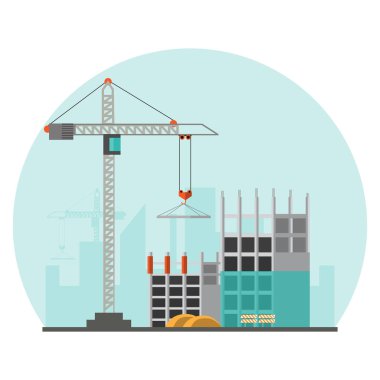 Bina sitesi iş süreci vinçler ve makineleri ile yapım aşamasında. Vektör çizim.