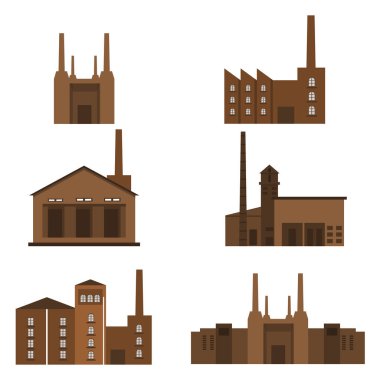Endüstriyel tuğla fabrikasında düz stil kümesi beyaz arka plan izole. Yapıların veya bina bir vektör çizim 