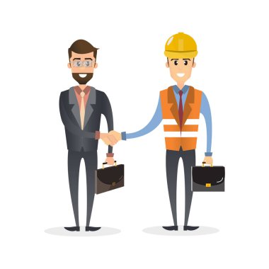 Beyaz arka plan üzerinde izole Mühendisliği ile imzalanmış bir sözleşme üzerinde el sıkışan iş adamı. vektör çizim, iş kavramı