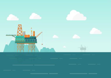 Denizde sondaj. Petrol platformu, gaz yakıt, offshore sanayi, teknoloji, manzara düz vektör çizim matkap