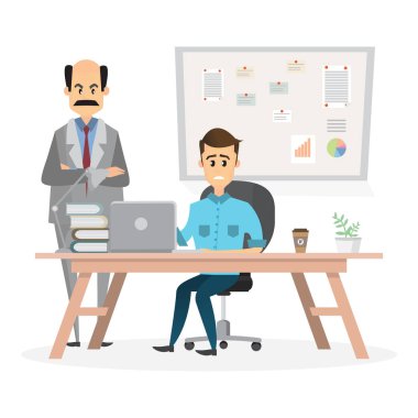 Kızgın büyük patron ofiste çalışan bakar. İş kavramı. vektör çizim