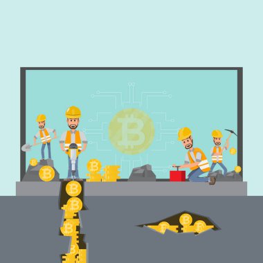 Cryptocurrency kavramı. işadamı, madenci madeni paralar veya bitcoin ile para çevrimiçi yapmak için dizüstü altında çalışan kürek ve kazma araçlarıyla. vektör çizim 